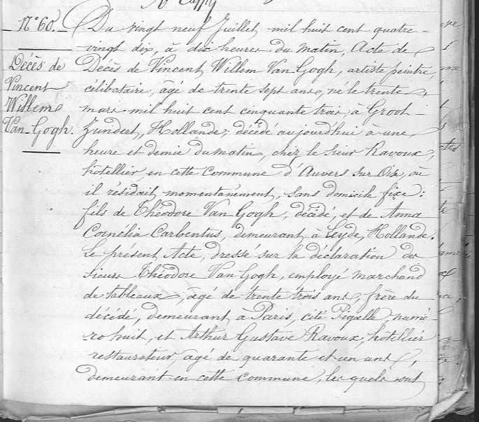 Acte de décès de Vincent Van Gogh